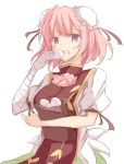  1girl amputee bag bandage bandaged_arm bun_cover chinese_clothes commentary_request double_bun eating flower food green_skirt hair_bun ibaraki_kasen looking_at_viewer mochi no_background pink_eyes pink_hair pink_rose puffy_sleeves ri_cochet rose short_hair skirt solo tabard touhou wagashi 