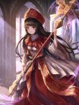  1girl absurdres arch black_hair dress highres holding holding_staff indoors long_hair looking_at_viewer nani_(goodrich) original red_dress red_eyes solo staff wide_sleeves 