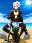  1boy alternate_costume beach blue_eyes bodysuit broom elephant enmaided fate/apocrypha fate_(series) food fruit karna_(fate) maid maid_headdress polearm sitting sky solo spear watermelon weapon white_hair zuwai_kani 