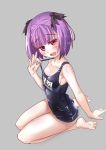  1girl absurdres bikini breasts eyebrows_visible_through_hair fate/grand_order fate_(series) helena_blavatsky_(fate/grand_order) highres looking_at_viewer one-piece_swimsuit open_mouth pae_(pixiv) ponytail purple_hair school_swimsuit short_hair small_breasts smile solo swimsuit violet_eyes 