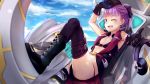  1girl arm_up bad_id bad_pixiv_id bangs belt bikini black_bikini black_gloves blue_sky boots clouds cloudy_sky cross-laced_footwear day eyebrows_visible_through_hair fate/grand_order fate_(series) gloves headphones helena_blavatsky_(fate/grand_order) helena_blavatsky_(swimsuit_archer)_(fate) highres knee_boots looking_at_viewer lying migimura_sakimori on_back one_eye_closed open_mouth outdoors pointing pointing_at_viewer ponytail purple_hair purple_legwear sky smile solo swimsuit thigh-highs violet_eyes 