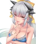  1girl bow breast_hold breasts cleavage fate/grand_order fate_(series) finger_to_mouth hair_bow hair_ornament horns kiyohime_(fate/grand_order) kiyohime_(swimsuit_lancer)_(fate) large_breasts long_hair morishi ponytail red_eyes silver_hair solo 