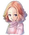  1girl absurdres brown_hair highres mou_(piooooon) okumura_haru persona persona_5 pink_sweater ribbed_sweater sweater upper_body violet_eyes white_background 