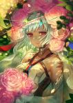  1girl altera_(fate) blue_ribbon blurry blurry_background bouquet breasts choker dappled_sunlight dark_skin day elbow_gloves fate/extra fate/extra_ccc fate/grand_order fate_(series) flower gloves highres holding holding_bouquet leaf light_particles light_smile looking_at_viewer medium_breasts petals pink_rose plant red_eyes red_ribbon ribbon rose short_hair smile solo sunlight tattoo terai_(teraimorimori) veil white_bikini_top white_gloves white_hair 