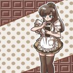  1girl alternate_costume apron black_bow black_bowtie blue_eyes bow bowtie brown_hair brown_legwear enmaided high_ponytail holding holding_notepad holding_pen kuonji_ukyou limited_palette long_hair looking_to_the_side maid notepad polka_dot polka_dot_background ponytail ranma_1/2 scrunchie sidelocks solo spot_color taking_order thigh-highs waitress wantan-orz zettai_ryouiki 