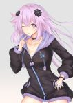  1girl :p adult_neptune bracelet breasts choker cleavage d-pad eyebrows_visible_through_hair hair_ornament hairclip hinakurukuru hood hooded_jacket jacket jewelry long_hair looking_at_viewer medium_breasts neptune_(series) one_eye_closed shin_jigen_game_neptune_vii tongue tongue_out violet_eyes 