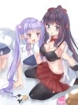  2girls absurdres all_fours black_legwear black_skirt blue_eyes bow bowtie breasts brown_hair cleavage eyebrows_visible_through_hair hair_bow highres holmemee large_breasts long_hair looking_at_another multiple_girls navel new_game! ponytail purple_hair red_bow red_bowtie red_skirt seiza sitting skirt suzukaze_aoba takimoto_hifumi thigh-highs twintails violet_eyes 