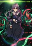  1girl bangs black_dress black_legwear character_request clenched_hands copyright_request debris dress eyebrows_visible_through_hair hand_on_own_stomach highres long_dress long_hair looking_at_viewer magic nun open_mouth pantyhose purple_hair red_eyes solo standing teshima_nari 