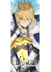  1girl ahoge armor artoria_pendragon_(all) avalon_(fate/stay_night) blonde_hair blue_sky braid cape closed_mouth clouds cover cover_page crown day english eyebrows_visible_through_hair fate/grand_order fate_(series) fur_trim gauntlets green_eyes hair_between_eyes highres holding holding_sword holding_weapon looking_at_viewer saber sheath sheathed shirabi sky smile solo sword weapon 