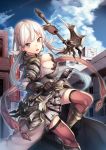 1girl armor axe blush breasts cleavage eyebrows_visible_through_hair grey_eyes highres holding holding_axe holding_weapon large_breasts long_hair looking_at_viewer official_art original parted_lips red_legwear saraki solo thigh-highs weapon white_hair 