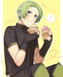  ! 1boy armor armored_boots boots cupcake eating fingerless_gloves fire_emblem fire_emblem_echoes:_mou_hitori_no_eiyuuou food force_(fire_emblem) gloves green_eyes green_hair heart male_focus sitting solo upper_body 