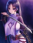  1girl bangs between_breasts black_gloves black_hair breasts fate/grand_order fate_(series) fingerless_gloves gloves habaki hair_between_eyes highres holding holding_sword holding_weapon kashira katana kuro_futoshi large_breasts long_hair long_sleeves looking_at_viewer minamoto_no_raikou_(fate/grand_order) night parted_bangs puffy_long_sleeves puffy_sleeves red_ribbon ribbon smile solo standing straight_hair sword tabard tassel tsuba_(guard) vambraces very_long_hair violet_eyes weapon 