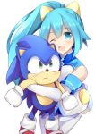  blue_eyes blue_hair choujigen_taisen_neptune_vs_sega_hard_girls gloves hair_ornament jokerace03 long_hair neptune_(series) ponytail sega_hatsumi smile sonic sonic_the_hedgehog 