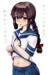  bcrow blush braid brown_eyes brown_hair hair_between_eyes hair_ribbon hand_on_own_chest isonami_(kantai_collection) kantai_collection lifted_by_self looking_at_viewer navel open_mouth pleated_skirt ribbon school_uniform serafuku shirt_lift sidelocks skirt text translation_request 