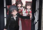  3girls black_hair black_suit blush bow brown_eyes brown_hair closed_eyes closed_mouth collar cookie_(touhou) cravat cup detached_sleeves door doorway dress eyebrows_visible_through_hair facing_another facing_viewer frilled_collar frills hair_bow hair_ornament hair_tubes hakurei_reimu half_updo holding ichiba_youichi kanna_(cookie) looking_at_another multiple_girls open_mouth red_bow red_dress reu ribbon-trimmed_sleeves ribbon_trim sananana shirt short_hair sidelocks smile touhou white_shirt yunomi 