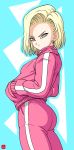  1girl absurdres alternate_costume android_18 ass blonde_hair blue_background blue_eyes chris_re5 dragon_ball earrings hands_in_pockets highres jacket jewelry looking_at_viewer pants short_hair simple_background solo track_jacket track_pants 