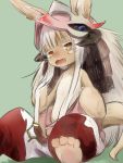  1girl :3 akino_shuu animal_ears fur furry long_hair looking_at_viewer made_in_abyss nanachi_(made_in_abyss) open_mouth sitting solo tail whiskers white_hair yellow_eyes 