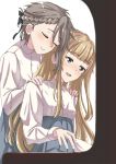  2girls ange_(princess_principal) black_ribbon blonde_hair blue_eyes blush closed_eyes closed_mouth facing_another grey_hair hair_ribbon hands_on_another&#039;s_shoulders highres long_hair long_sleeves multiple_girls parted_lips princess_(princess_principal) princess_principal ribbon short_hair smile ynote yuri 