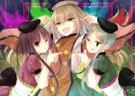  3girls :o apron aura bangs black_hat blonde_hair blunt_bangs brown_hair commentary_request dress green_dress green_eyes green_hair green_nails green_skirt hat interlocked_fingers looking_at_viewer matara_okina mimoto_(aszxdfcv) multiple_girls nail_polish nishida_satono one_eye_closed parted_bangs pink_dress pink_nails pointing pointing_at_self polka_dot puffy_short_sleeves puffy_sleeves red_eyes sharp_teeth short_hair_with_long_locks short_sleeves skirt smile tabard teeth teireida_mai touhou unmoving_pattern wide_sleeves yellow_eyes 