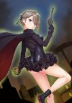  1girl ange_(princess_principal) ass black_boots black_cape black_gloves blue_eyes boots braid breasts brown_hair cape cavorite_ball clouds dance_of_eternity dutch_angle eyebrows_visible_through_hair from_side fur_collar gloves gun hair_between_eyes handgun highres holding holding_gun holding_weapon house medium_breasts night outdoors parted_lips princess_principal revolver sky smoke solo trigger_discipline weapon 