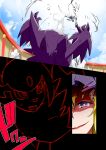  absol battle commentary_request crossover gengar highres mega_evolution mega_gengar mega_pokemon noel_(noel-gunso) onomatopoeia pokemon pokemon_(creature) pokemon_battle smile touhou translation_request yakumo_yukari 