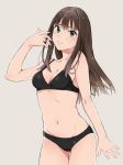  1girl bikini black_bikini blush breasts brown_hair cowboy_shot green_eyes idolmaster idolmaster_cinderella_girls iichiko_(398016) long_hair looking_at_viewer navel shibuya_rin simple_background small_breasts solo swimsuit 