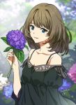  1girl asao_(vc) bangs bare_shoulders blue_eyes brown_hair collarbone dated day dress flower green_eyes holding holding_flower idolmaster idolmaster_cinderella_girls light_smile lips looking_at_viewer mole mole_under_eye off_shoulder outdoors parted_lips short_hair signature solo takagaki_kaede 