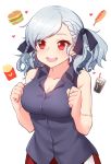  1girl asymmetrical_bangs bangs black_ribbon blue_shirt blush breasts cola collarbone corndog drooling eyebrows_visible_through_hair food french_fries girls_frontline grey_hair hair_ribbon hamburger hand_up hands_up highres large_breasts narynn open_mouth red_eyes ribbon shirt silver_hair simple_background sleeveless sleeveless_shirt smile solo spas-12_(girls_frontline) upper_body wavy_hair white_background 
