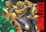  1boy artist_request autobot blue_eyes bumblebee cannon character_name energon glowing glowing_eyes highres insignia looking_at_viewer machine machinery mecha no_humans personification robot transformers weapon 