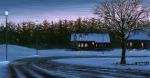  bench evening house lamppost no_humans road scenery sky snow street tree twilight winter 