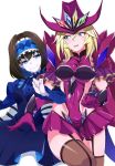  2girls black_hair blonde_hair blue_eyes blue_hair blush breasts carol_malus_dienheim covered_navel elbow_gloves garie_tuman garter_straps gloves hair_between_eyes hat kurihara_kenshirou large_breasts multicolored_hair multiple_girls senki_zesshou_symphogear short_hair simple_background smile thigh-highs two-tone_hair white_background 