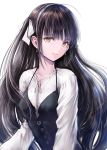  1girl black_hair earrings haori_iori jewelry long_hair long_sleeves looking_at_viewer original side_ponytail simple_background smile solo upper_body white_background yellow_eyes 