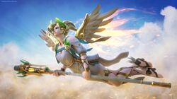  1girl 3d absurdres alternate_costume blonde_hair blue_eyes breasts cleavage clouds ellowas feathered_wings flying head_wreath high_ponytail highres laurel_crown lips mechanical_wings mercy_(overwatch) overwatch shoes short_hair short_sleeves sky solo staff watermark web_address winged_shoes winged_victory_mercy wings 