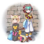 2girls animal_ears bag belt black_hair blonde_hair blush bodysuit boots brick_wall brown_boots brown_eyes cat_ears character_request collarbone commentary_request cosplay crossed_arms dragon_quest dragon_quest_iii eyebrows_visible_through_hair full_body gloves green_eyes hair_between_eyes hood hoodie jewelry kemono_friends kneeling looking_up multiple_girls necklace pants pink_boots pink_gloves pxton sack sand_cat_(kemono_friends) snake_tail standing striped_tail tail thief_(dq3) thief_(dq3)_(cosplay) triangle_mouth tsuchinoko_(kemono_friends) two_side_up white_background white_pants yellow_gloves yellow_vest