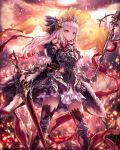  1girl armor bad_hands black_legwear bracer crown flag h2o_(dfo) hair_ornament holding holding_sword holding_weapon long_hair looking_at_viewer original outdoors solo standing sword tattered_flag thigh-highs violet_eyes weapon white_hair 
