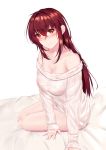  1girl bare_shoulders breasts cleavage fate/grand_order fate_(series) highres large_breasts long_hair looking_at_viewer off_shoulder on_bed purple_hair red_eyes scathach_(fate/grand_order) sitting sitting_on_bed smile solo yokozuwari yuzuriha_(active_homing) 