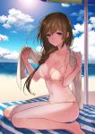  1girl bangs bare_legs barefoot beach beach_umbrella bikini blue_sky blush braid breasts brown_hair chromatic_aberration cleavage closed_mouth clouds cloudy_sky collarbone day eyebrows_visible_through_hair front-tie_bikini front-tie_top hair_between_eyes hair_over_shoulder hands_up hara_tsumoi holding holding_towel horizon kono_shima_ni_wa_midara_de_jaaku_na_mono_ga_sumu large_breasts lens_flare long_hair long_legs looking_at_viewer ocean outdoors side-tie_bikini side_braid sitting sky smile solo swimsuit tareme towel umbrella violet_eyes wariza yoruto_haru 