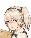 1girl absurdres bangs blue_eyes boko_(girls_und_panzer) bow bowtie commentary eyebrows_visible_through_hair girls_und_panzer grey_background grey_eyes grey_hair hair_between_eyes hairband highres hiranko holding holding_stuffed_animal looking_at_viewer one_side_up shimada_arisu silver_hair solo stuffed_animal stuffed_toy tears teddy_bear twintails 