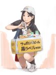  1girl alcohol baseball_cap beer beer_can black_eyes black_hair black_legwear black_shirt box can commentary_request cup drinking_cup drinking_glass hat holding kneeling looking_away looking_to_the_side money parted_lips shirt shoes shorts smile socks solo tamaru_tokihiko translation_request walking yellow_shorts yen 