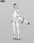  1girl astronaut astronaut_helmet bangs boots brown_eyes closed_mouth commentary full_body gloves grey_background jetpack looking_at_viewer neco original sidelocks simple_background solo spacesuit standing white_gloves white_hair 