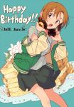  1girl :o brown_hair dated feet_out_of_frame flower food green_eyes happy_birthday headphones headphones_around_neck idolmaster idolmaster_cinderella_girls jacket letterman_jacket lily_(flower) off_shoulder open_clothes open_jacket open_mouth shirt short_hair skirt solo syouyumochi33 t-shirt tada_riina toast 
