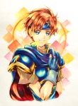  1boy armor blue_eyes cape fire_emblem fire_emblem:_fuuin_no_tsurugi gloves headband hiiragi_(artist) looking_at_viewer male_focus redhead roy_(fire_emblem) short_hair smile 