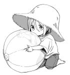  1boy ball beachball child greyscale hat idolmaster idolmaster_side-m kneeling koron_chris looking_down male_focus monochrome ootokage oversized_clothes oversized_hat short_hair shorts solo sun_hat younger 