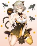  1girl animal_ears bare_shoulders bat between_legs blush breasts brown_eyes brown_hair cat_ears cleavage closed_mouth collarbone commentary dress earrings eyebrows_visible_through_hair fake_animal_ears frown girls_frontline gradient gradient_background halloween hand_between_legs head_tilt highres jack-o&#039;-lantern jack-o&#039;-lantern_earrings jewelry looking_at_viewer medium_breasts orange_legwear paws s-goon short_hair single_thighhigh sitting solo star tdi_vector_(girls_frontline) thigh-highs thigh_strap wariza 