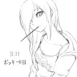  1girl bangs camisole collarbone food food_in_mouth hair_over_one_eye hood hoodie lineart long_hair looking_at_viewer mouth_hold oopartz_yang open_clothes open_hoodie original pocky pocky_day simple_background solo tsurime upper_body 