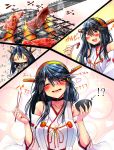  1girl bare_shoulders black_hair choker chopsticks closed_eyes coal comic commentary_request cup detached_sleeves fire food grilling hair_ornament hairband hairclip haruna_(kantai_collection) highres holding holding_chopsticks holding_cup kantai_collection meat nontraditional_miko orange_eyes remodel_(kantai_collection) ribbon-trimmed_sleeves ribbon_trim tsukui_kachou wide_sleeves yakiniku 