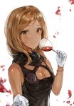  1girl absurdres breasts brown_hair chan1moon cleavage cleavage_cutout cup drinking_glass gloves hand_holding highres idolmaster idolmaster_million_live! long_hair looking_at_viewer momose_rio pov smile solo_focus white_gloves wine_glass 