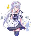  2girls animal_ears apron blue_eyes blush cat_ears cellphone commentary_request fake_animal_ears holding_skirt iesupa maid maid_apron maid_headdress multiple_girls phone ponytail rwby scar scar_across_eye smartphone taking_picture weiss_schnee white_hair winter_schnee 