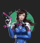  1girl absurdres animal_print artist_name asian bangs blue_bodysuit bodysuit breast_hold breasts brown_eyes brown_hair bunny_print character_name charm_(object) circle d.va_(overwatch) dated eyelashes facepaint facial_mark facing_viewer finger_on_trigger gloves grey_background gun handgun headphones high_collar highres holding holding_gun holding_weapon kylekayhos lips long_hair looking_away looking_to_the_side looking_up medium_breasts nose overwatch pilot_suit pink_lips pistol pose puckered_lips ribbed_bodysuit shoulder_pads signature skin_tight snicker solo swept_bangs upper_body weapon whisker_markings white_gloves wind 