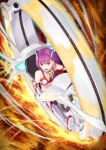  1girl bare_shoulders boots detached_sleeves fate/grand_order fate_(series) fire hair_ornament helena_blavatsky_(fate/grand_order) helena_blavatsky_(swimsuit_archer)_(fate) highres midriff monowheel open_mouth purple_hair signature solo violet_eyes yanagi_ryuuta 